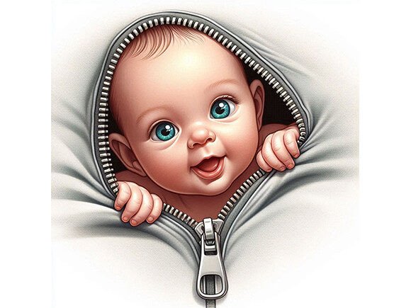 Baby Peeking out Zipper: A Whimsical Illustration for Creative Projects