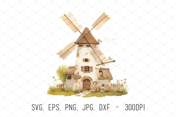 Charming Windmill Rustic Farm Watercolor Clipart