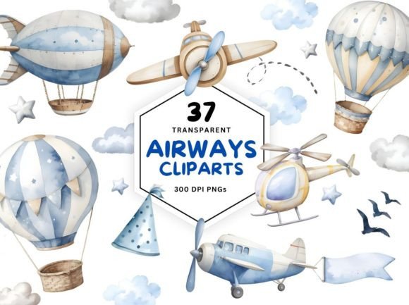 Soaring Creativity: The Magic of Air Transport Watercolor Clipart for Baby Boys