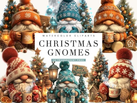 Watercolor Cozy Christmas Gnomes Bundle