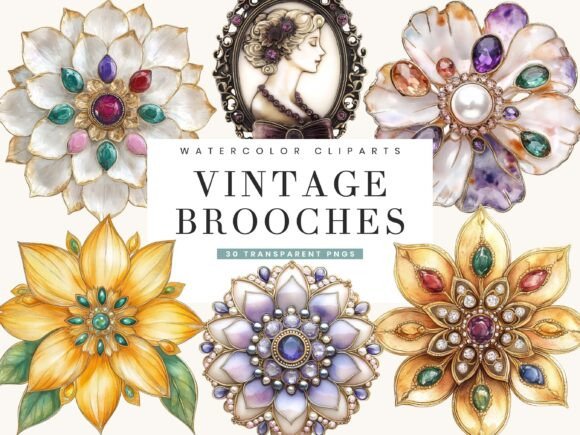 Watercolor Vintage Brooches Clipart: Elevating Designs with Timeless Elegance