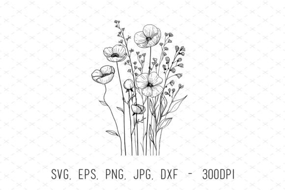 Wildflowers Leaves Floral Line Art SVG